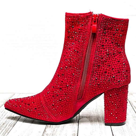 New Women Red Rhinestone Blingy Pointed Toe Ankle Boots Booties - Picture 7 of 8
